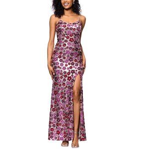 B Darlin Pink Purple Silver Metallic Sequin Floral Prom Gown Long Dress NWOT 12